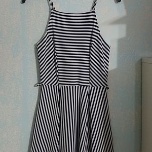 Dark blue and white striped halter top mini dress